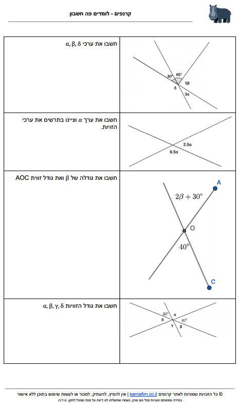 דף עבודה לתרגול גאומטריה - זוויות קודקודיות - כיתה ז׳ - עמוד 1