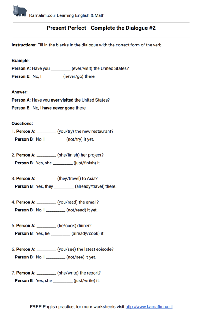 Present Perfect - Complete the dialogue #2-p1